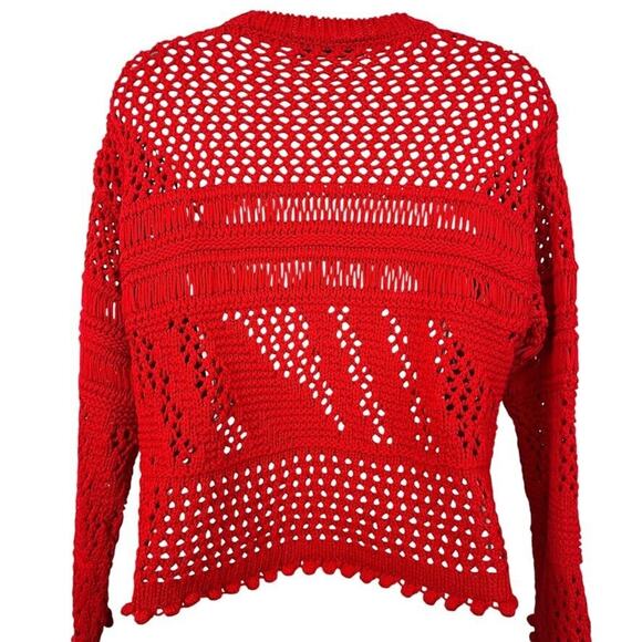 Zara Womens Loose Open Crochet Knit Red Pullover 3/4 Sleeve Sweater sz Small - Picture 14 of 16